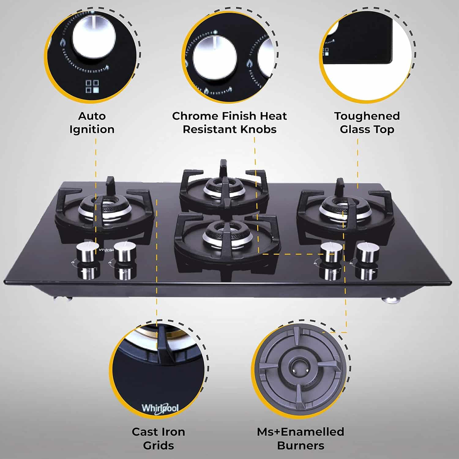 Whirlpool Hob 4 Burner Crystal Glass Auto Ignition Gas Stove Elite Hybrid 704 MT Gas Hob Black